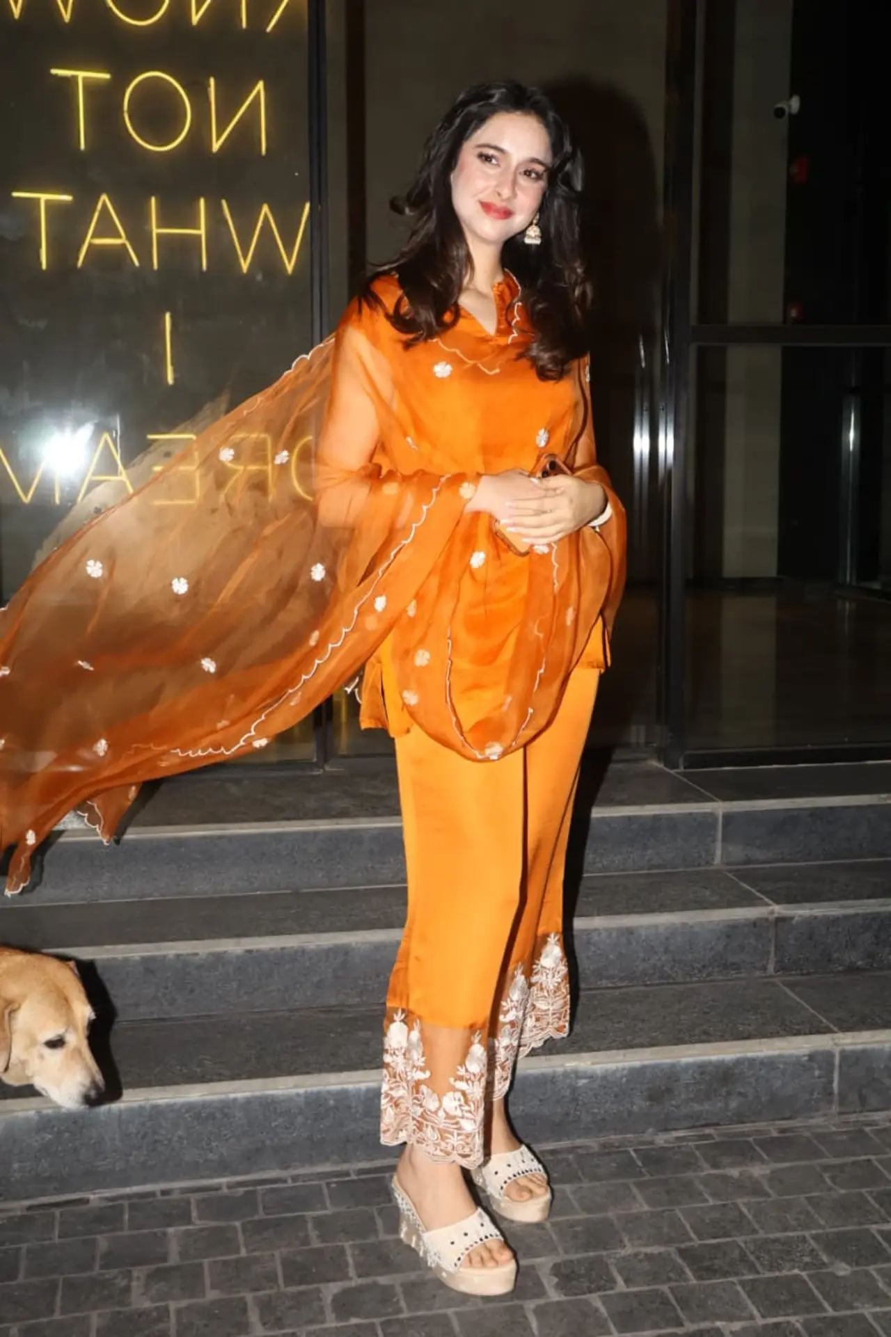 Daadi Ki Shaadi actress Sadia Khateeb was seen arriving for a special screening of her film in an orange kurta suit.
